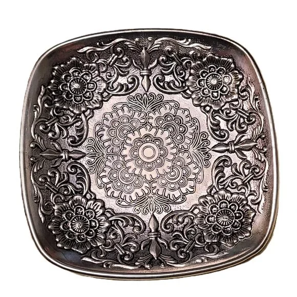 4 Vintage Pewter Saucer Tea Coffee Cups Floral Flower Glass Mug Dining Dinner - Picture 5 of 13